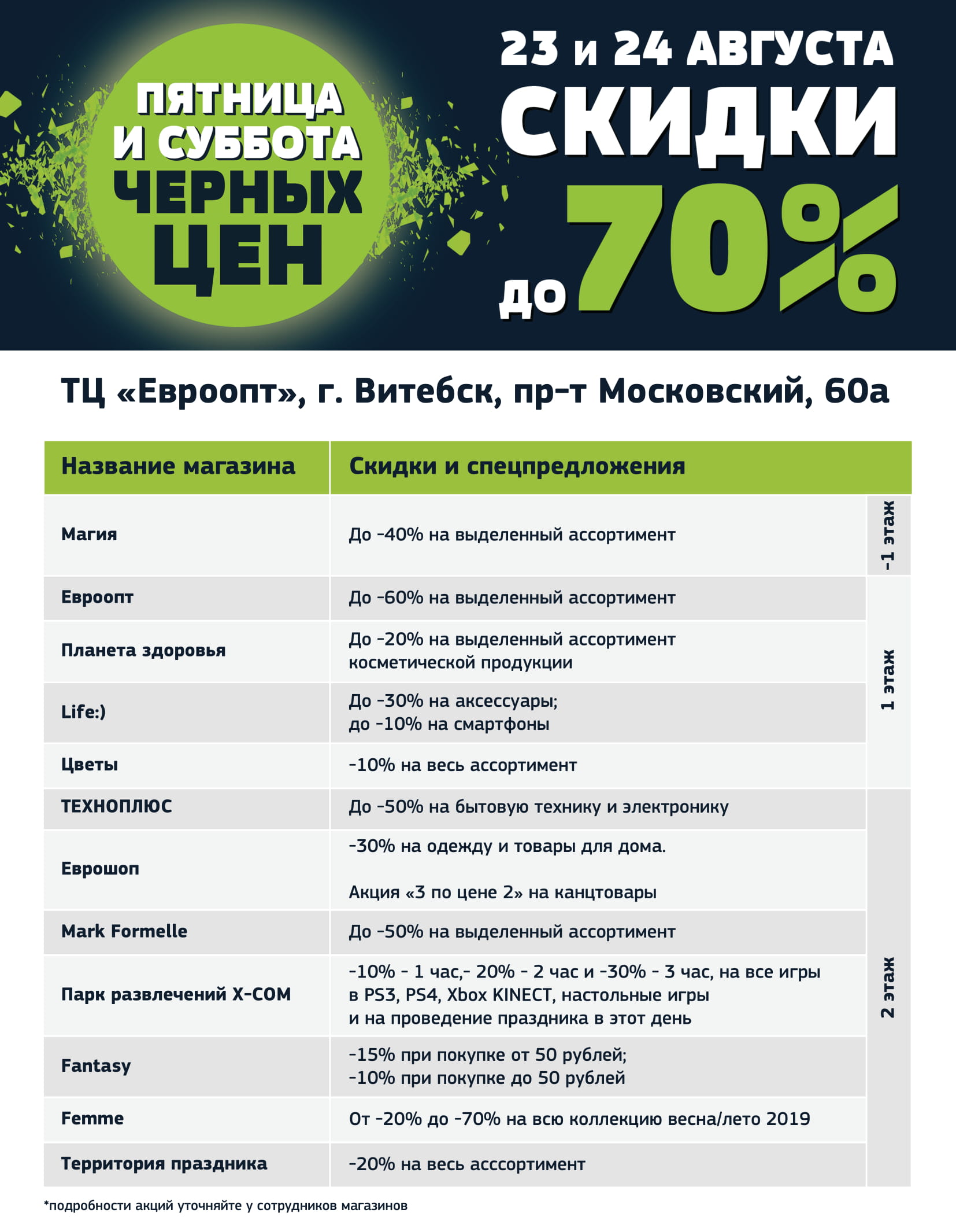 Пятница и суббота черных цен» в торговых центрах «Евроопт» в Витебске!  Скидки до 70%!